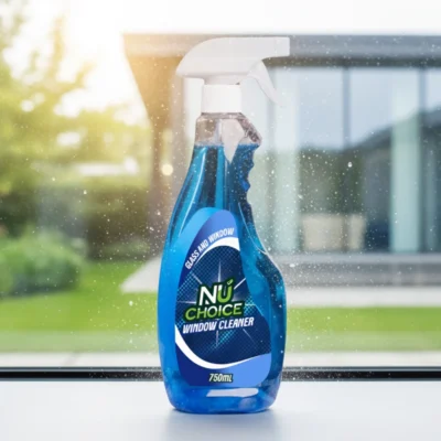 NuChoice Window Cleaner 750ml spray bottle with blue liquid and white trigger nozzle, placed on a windowsill with a clean glass surface and blurred outdoor view in the background.