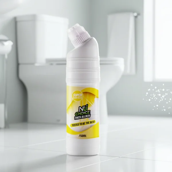 NuChoice Thick Bleach 750ml bottle in a clean bathroom setting, featuring a white plastic bottle with yellow label and "Super Germ Killer" branding, placed on tiled floor with toilet in background.