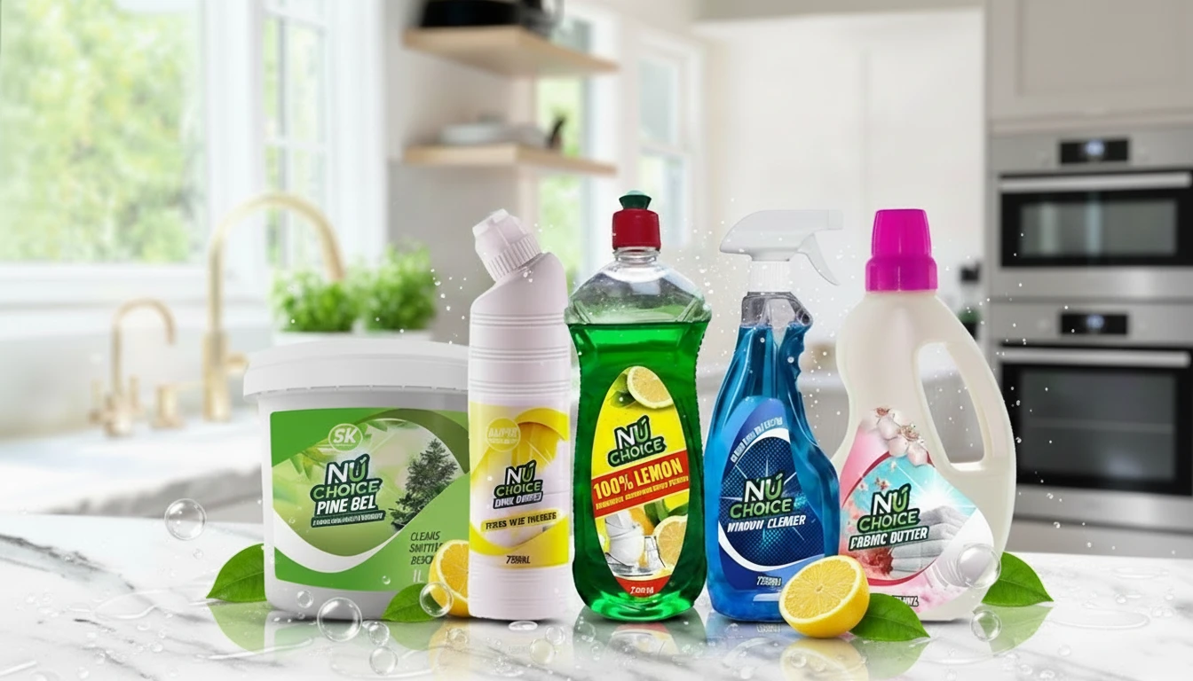NuChoice Cleaning Range – Complete Home Care Solutions for Every Surface NuChoice cleaning product range displayed on a marble countertop in a modern kitchen, featuring Pine Gel, Thick Bleach, 100% Lemon Dishwashing Liquid, Window Cleaner, and Fabric Softener with lemon slices and bubbles.